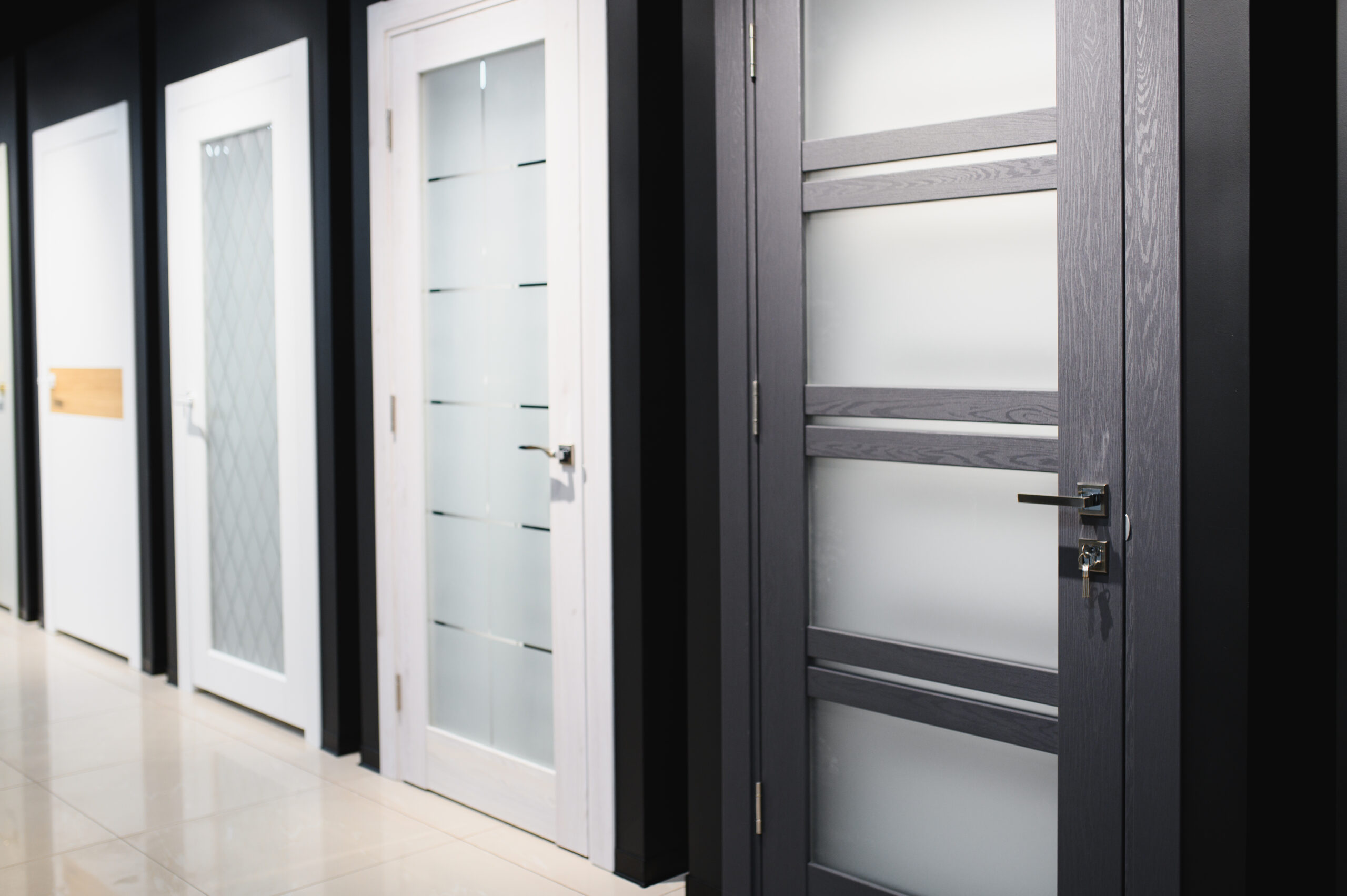 Doors are sold at a hardware store.
